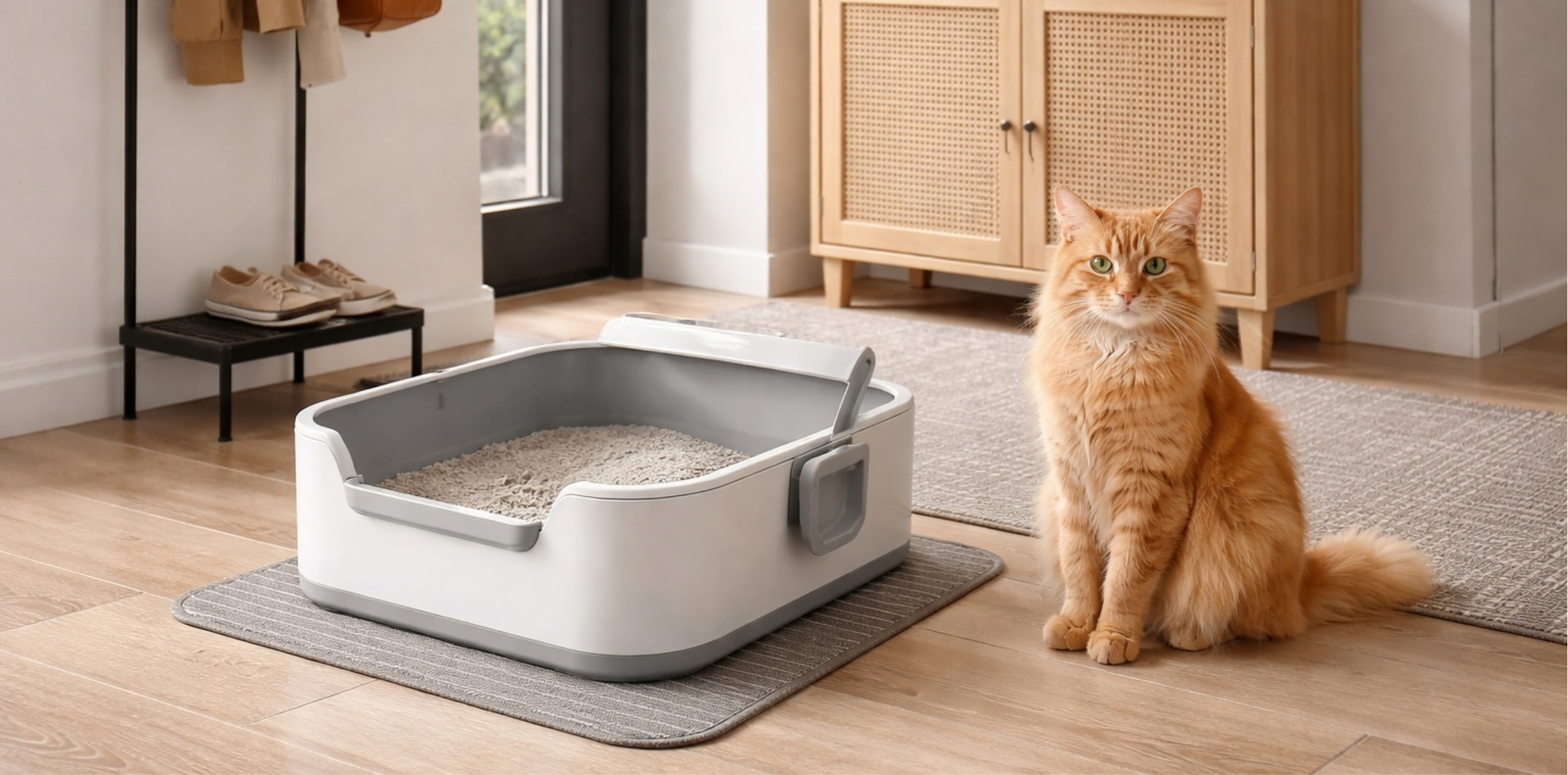 Кошка около кошачьего туалета