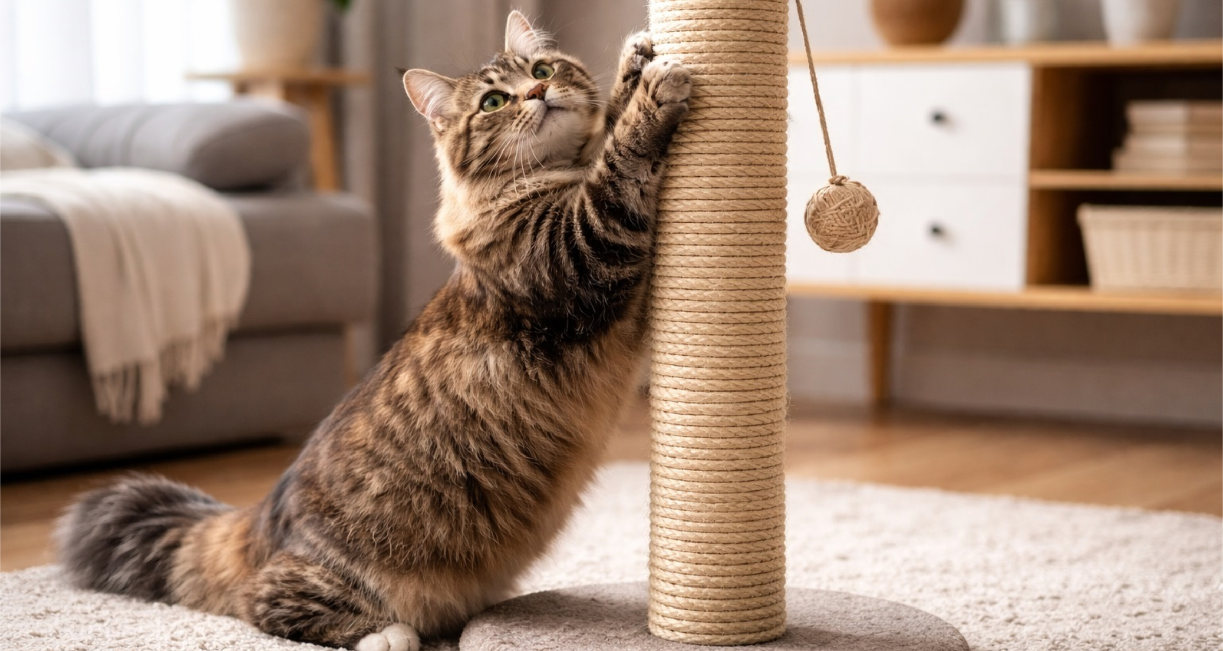 Кошка играет с когтеточкой
