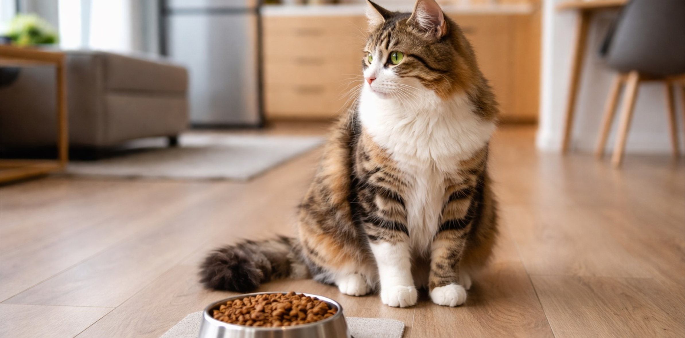 Кошка с полной миской корма